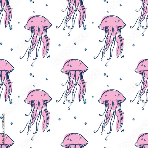 Seamless pattern with jellyfish and bubbles. Doodle.
