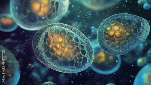 A digital illustration depicting numerous microscopic organisms.  The organisms are oval-shaped with translucent exteriors revealing internal structures that glow with shades of yellow and orange.