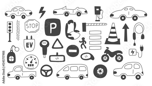 Electric Vehicle Car Doodle icons set. Hand drawn outline automobile transport street traffic symbols and signs in sketch cartoon style. Black line vector illustration