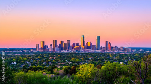 Wallpaper Mural Panoramic View Of A City Skyline At Sunset With Buildings And Green Trees In The Foreground Torontodigital.ca
