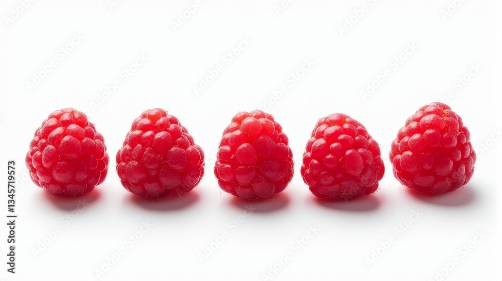 Ripe Red Raspberries in Line Close Up on Clean White Surface Ripe Red Raspberries in Line Close Up on Clean White Surface