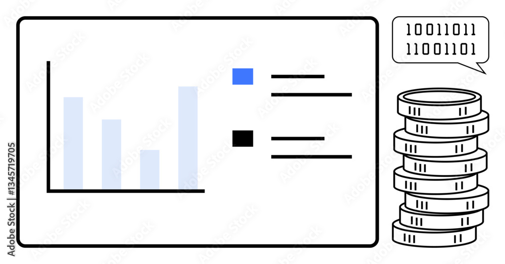 Fototapeta premium Bar chart and text liston screen, speech bubble with binary code, stack of coins. Ideal for finance, data analysis, technology, economy, investment cryptocurrency digital payments. Flat simple