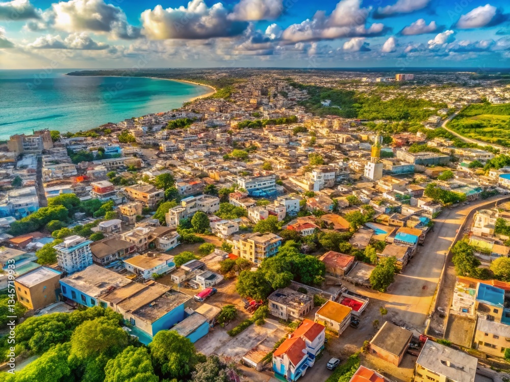 Fototapeta premium Panoramic Aerial View of Mogadishu Districts, Somalia - Cityscape Map Overlay