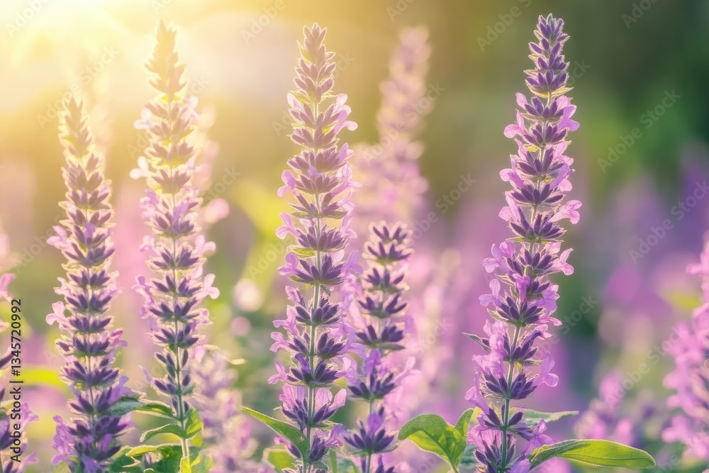 Obraz premium Vibrant purple flowers basking in golden sunlight in a serene field during a tranquil morning