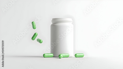 Wallpaper Mural Green Capsules Floating Near White Medicine Bottle on Bright White Background Torontodigital.ca