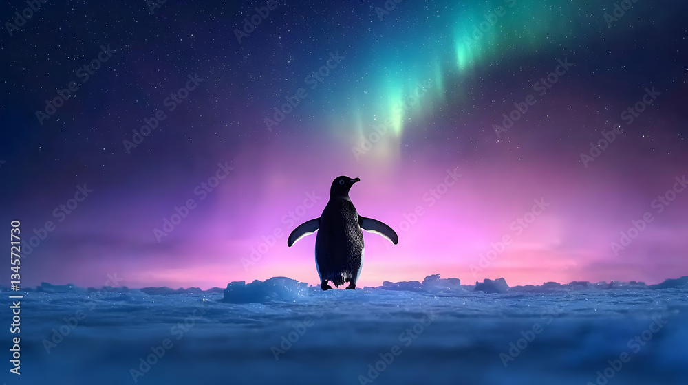 Pixelated Penguin Silhouette Under Aurora Borealis Pixelated Penguin Silhouette Under Aurora Borealis