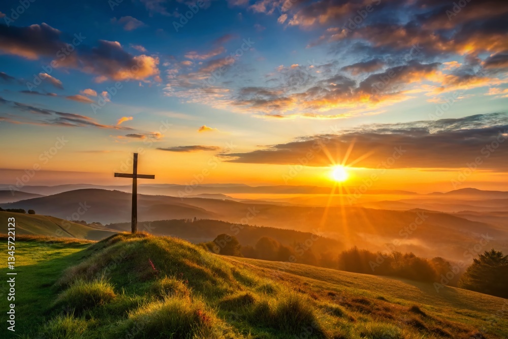 Obraz premium Panoramic Faith Clipart: Peaceful Sunrise Over Rolling Hills, Cross Silhouette