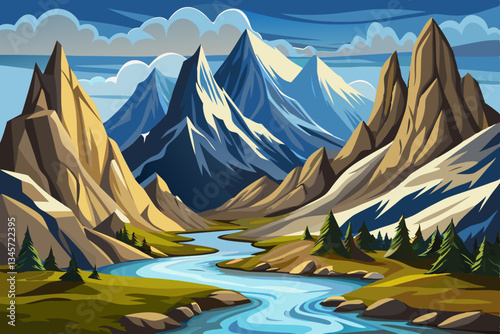 beautiful hill in alp mountains with river background