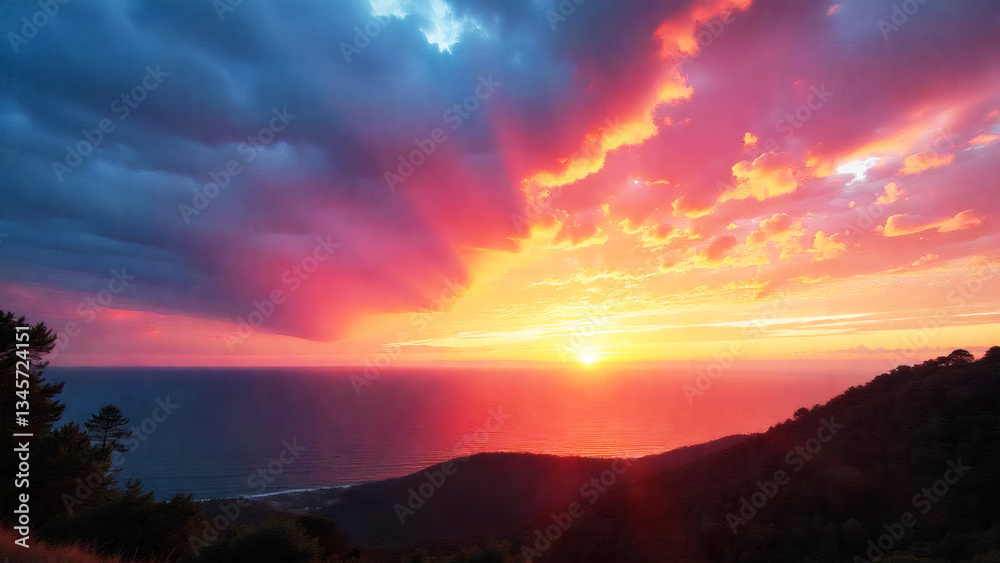 Fototapeta premium Dramatic Sunset over Ocean with Dramatic Clouds