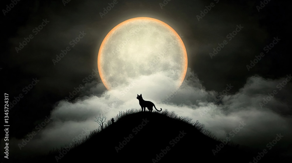 Fototapeta premium Haunting Black Cat Silhouette Against Full Moon and Spooky Clouds for Halloween Design