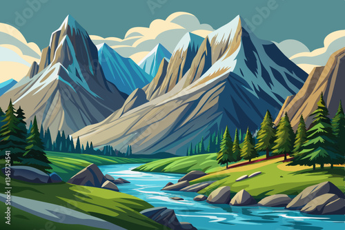 beautiful hill in alp mountains with river background