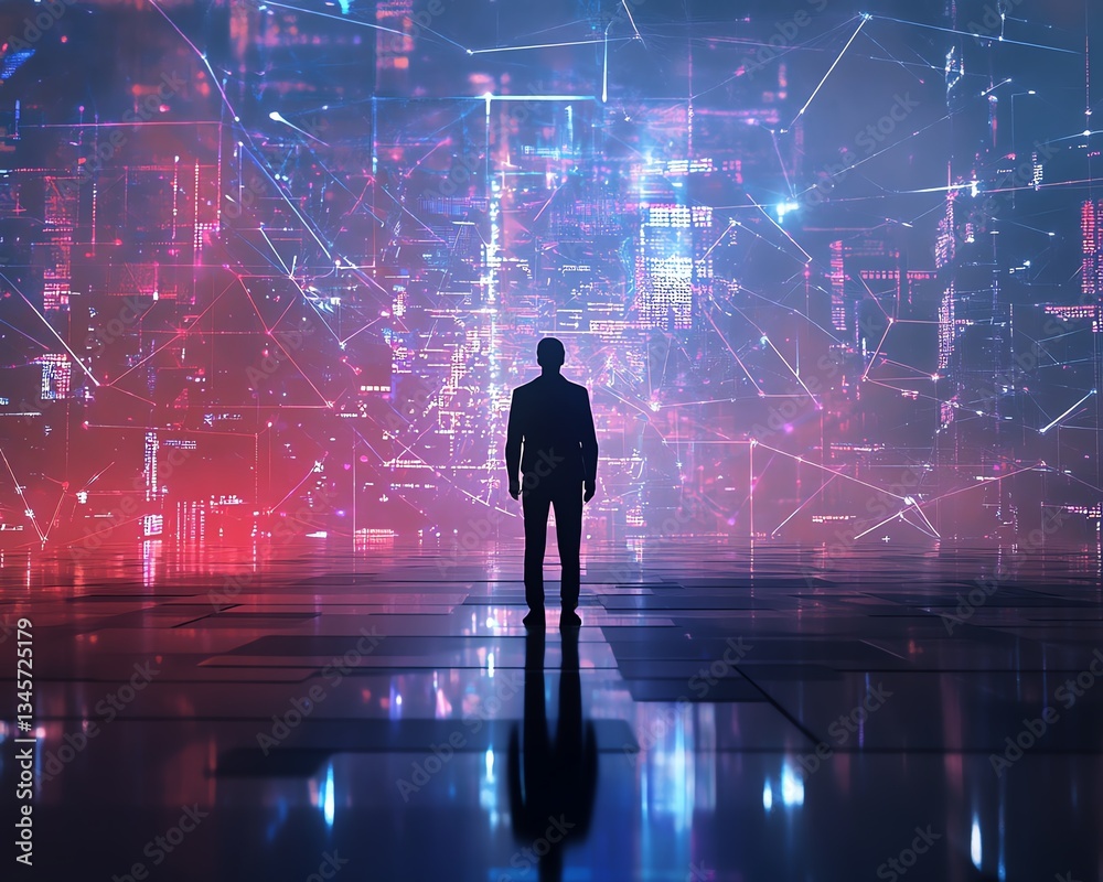 Silhouette of a man standing in digital future metaverse cyberspace Silhouette of a man standing in digital future metaverse cyberspace
