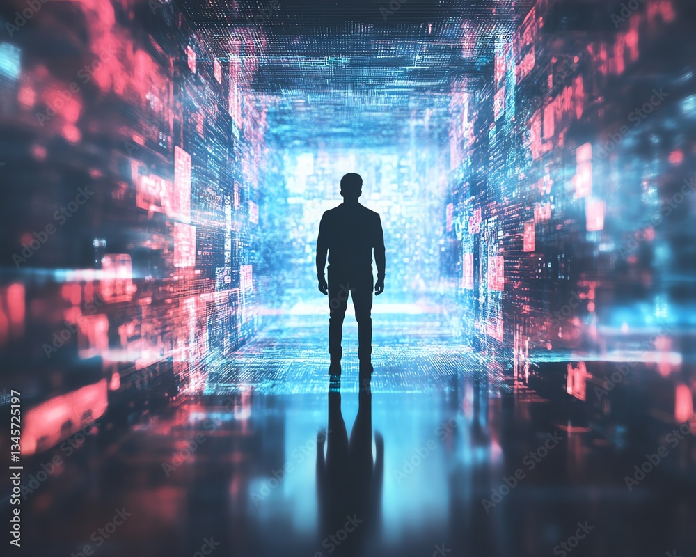 Silhouette of a man standing in digital future metaverse cyberspace Silhouette of a man standing in digital future metaverse cyberspace