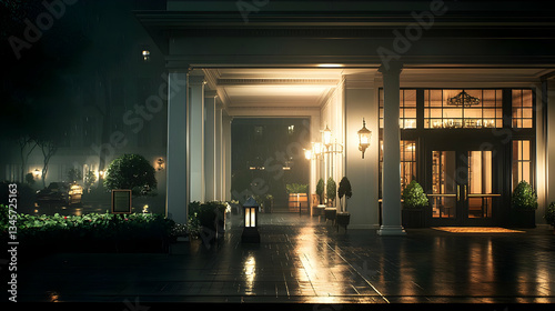Elegant Building Entrance Illuminated At Night In Heavy Rain with Pathway and Lush Greenery