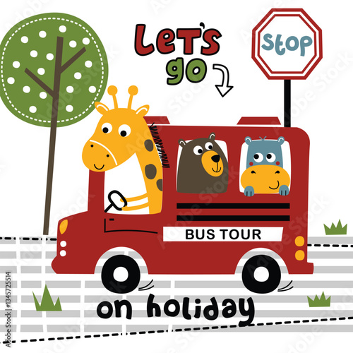 Giraffe, bear, and hippo characters in a bus with "Let's Go" and "On Holiday" text. Holiday bus tour concept
