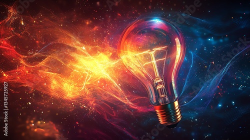 A glowing lightbulb with a circuit board filament, radiating vibrant energy against a dark background of flowing digital streams, symbolizing innovation and technological progress