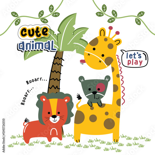 Lion, giraffe, and bear characters playing with "Cute Animal" and "Let's Play" text. Animal friendship concept
