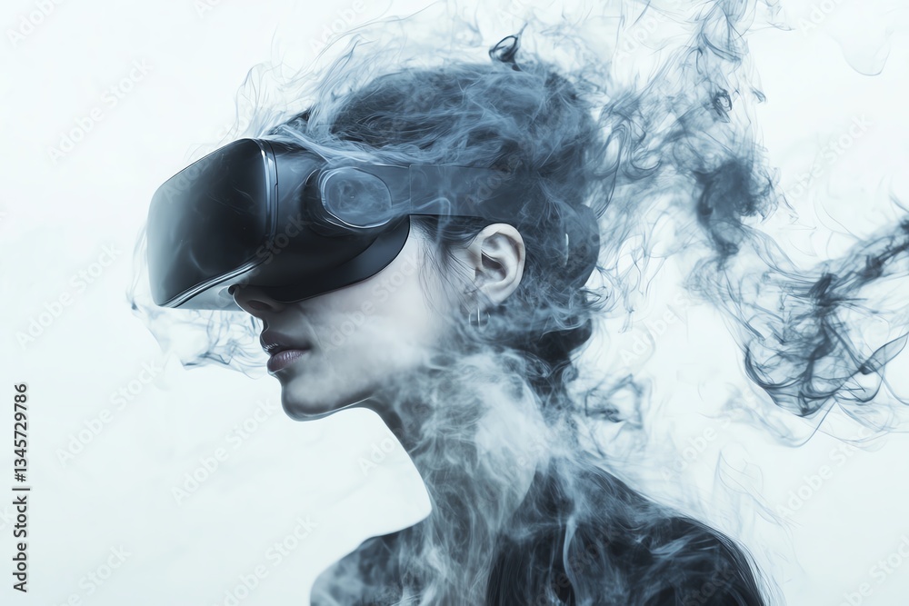 Fototapeta premium Woman exploring VR, digital smoke, white background, tech concept