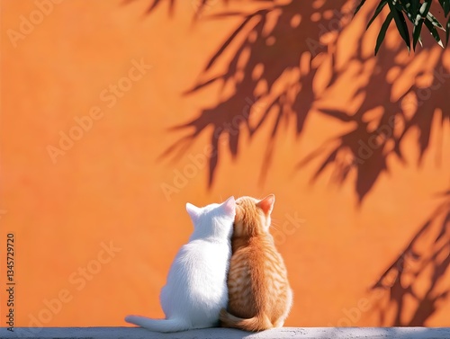 Cats Friendship Whiskers Playful Companionship Joyful Moments Sunny Background Orange Wall | AI Generated
