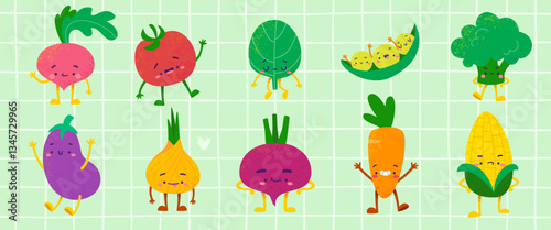Set of cute vegetables. Funny textured vegetable characters collection. Kawaii veggies bundle.