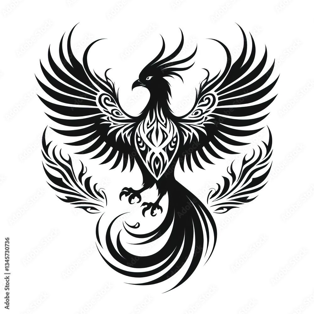 Obraz premium Epic Phoenix Tattoo Clipart with Fire Like Feathers in Bold Black and White Style