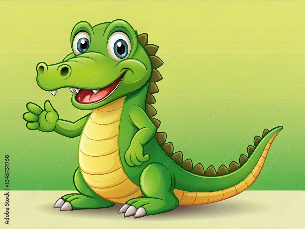 Fototapeta premium Playful Green Cartoon Crocodile Posing, Right Side Copy Space, Fun Illustration