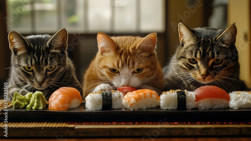 Three cats eating sushi in a Japanese restaurant. Tasty eating spot concept.