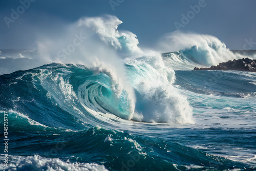 Giant waves break in an arc in the sea.