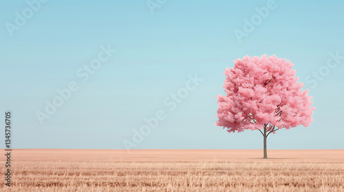 Solitary Pink Tree in Golden Field Under Blue Sky
