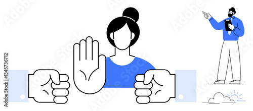 Woman standing firm with a raised hand to mediate between clashing fists while a man points to a positive path. Ideal for conflict resolution, leadership, negotiation, empowerment, teamwork