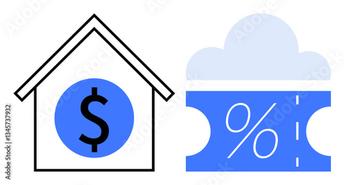 House outline with dollar sign represents home finance. Cloud-shaped voucher with percentage alludes to discounts or interest rates. Ideal for mortgage plans, savings, financial analysis, budgeting