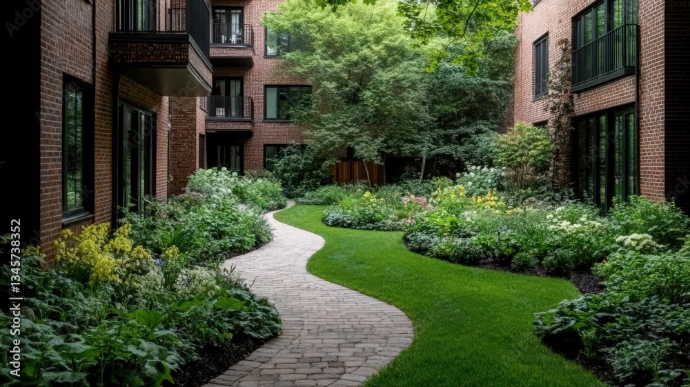 Fototapeta premium Serene Courtyard Garden with Winding Stone Path and Lush Greenery