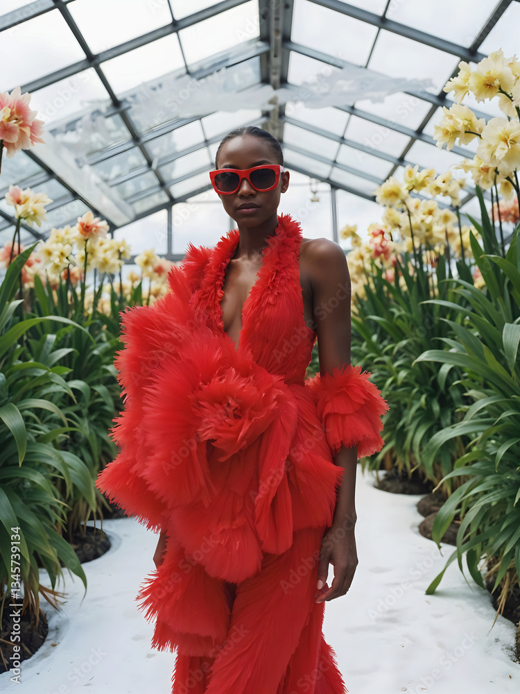 Elegant Black Woman in a Glamorous Red Feathered Dress and Chic Sunglasses Walking in a Lush Greenhouse with Blooming Flowers – High Fashion Concept
