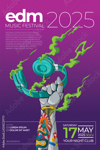 A high-energy EDM music festival poster featuring neon color scheme, futuristic, and dynamic light effect. Perfect for promoting electronic dance music events.