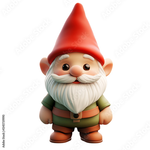 cute 3D garden gnome icon with red hat and cheerful expression, featuring white beard and green outfit, standing against transparency background