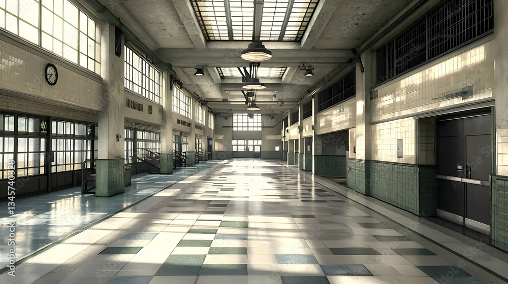Long Perspective Of An Empty Hallway With Pale Green And White Walls And A Tile Floor Lit By Natural Light Through Windows Long Perspective Of An Empty Hallway With Pale Green And White Walls And A Tile Floor Lit By Natural Light Through Windows