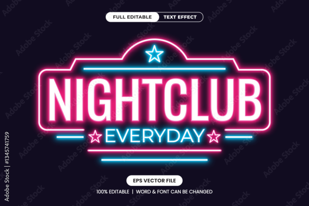 Neon nightclub text effect with glowing pink and blue typography on a dark background. Fully editable EPS vector file, ideal for bar signs, party promotions, and nightlife branding Neon nightclub text effect with glowing pink and blue typography on a dark background. Fully editable EPS vector file, ideal for bar signs, party promotions, and nightlife branding