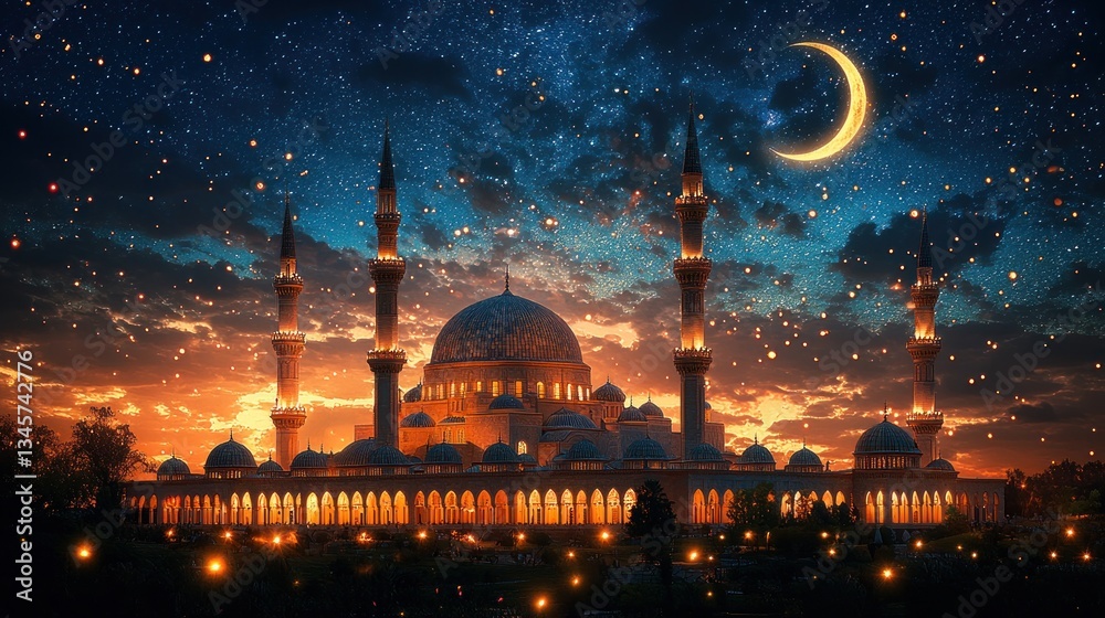 Fototapeta premium Night Sky over Illuminated Mosque at Sunset