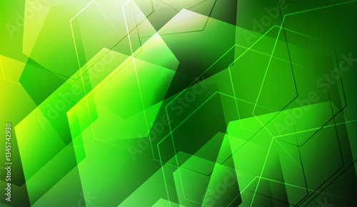 Dynamic intersecting polygons create an engaging visual depth within a vibrant green, providing a modern abstract composition with sharp contrast