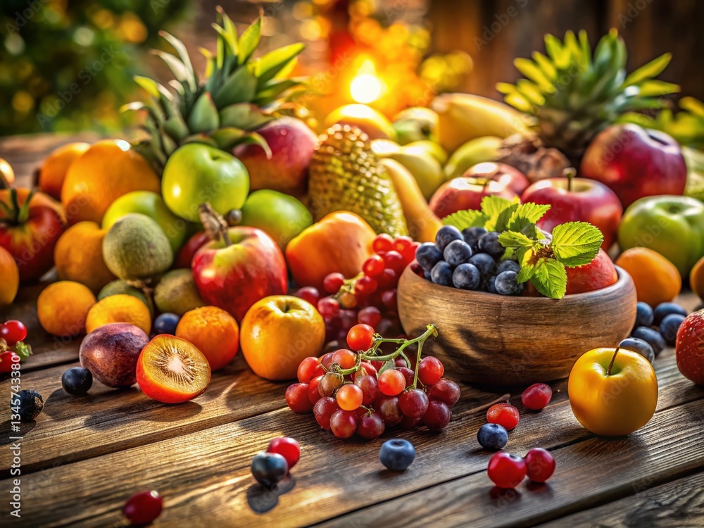 Rustic Wooden Table Overflowing with Colorful Fresh Fruit Rustic Wooden Table Overflowing with Colorful Fresh Fruit