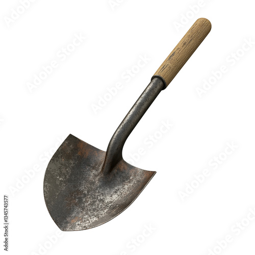 3D rendered garden shovel with wooden handle and metal blade, showing signs of wear and rust, isolated on transparency background