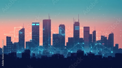 Wallpaper Mural Futuristic city skyline at twilight, networked cityscape, possible use in technology or urban design concepts Torontodigital.ca