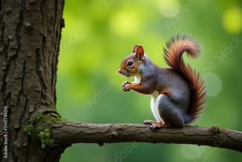 Grey squirrel perched on a tree branch in a city park, tail, mammal