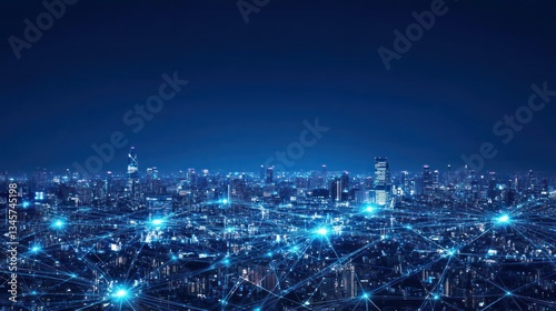 Wallpaper Mural Night cityscape network, futuristic connections, urban lights, aerial view, stock photo Torontodigital.ca