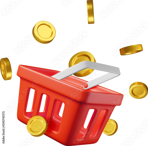 3d shopping basket and gold coins