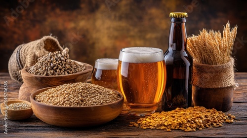 A sustainable brewery setup featuring locally sourced ingredients, including grains, beer, and hops arranged attractively on a wooden table