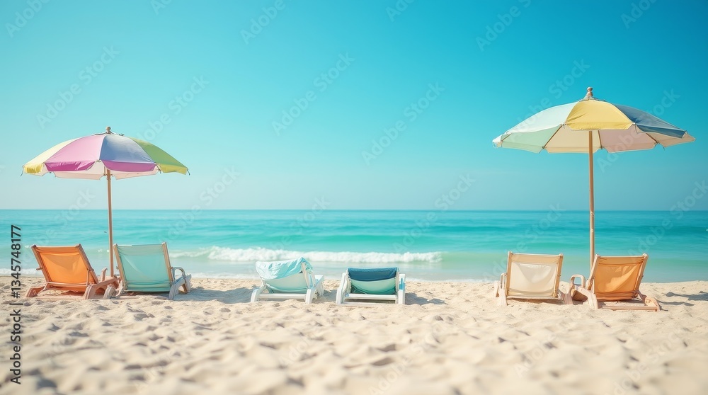 Fototapeta premium Beach chairs and umbrellas on sandy shore facing turquoise ocean under clear blue sky. Summer vacation and travel concept