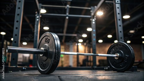 barbell with weight plates rests on floor in front of squat rack under bright gym lights, creating focused and intense workout atmosphere