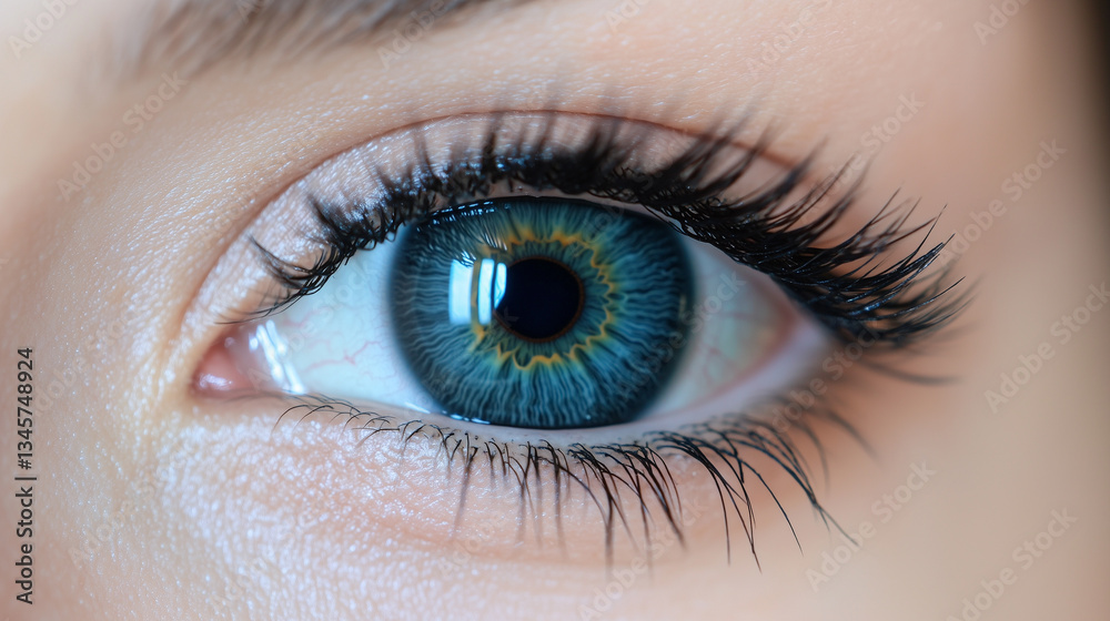 Obraz premium A macro shot of a woman’s eye with a vibrant deep blue retina, highlighting the fine details of the iris, radiating patterns, and natural textures