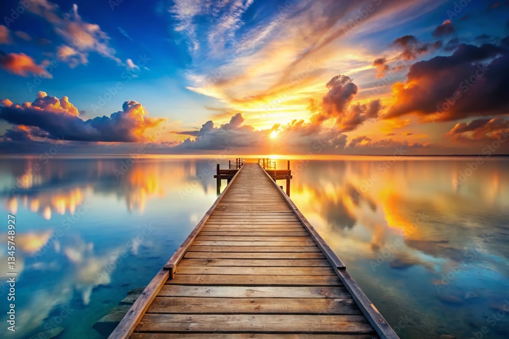 Fototapeta premium Serene Wooden Pier at Sunset: Double Exposure Stock Photo